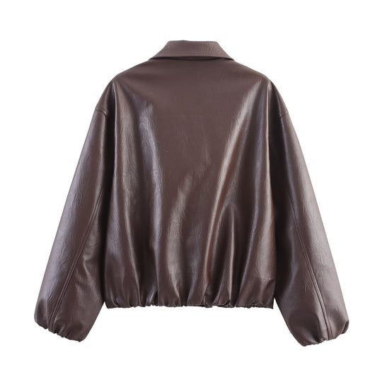 Damen modische Kunstlederjacke mit hohem Kragen und elastischer Taille EB