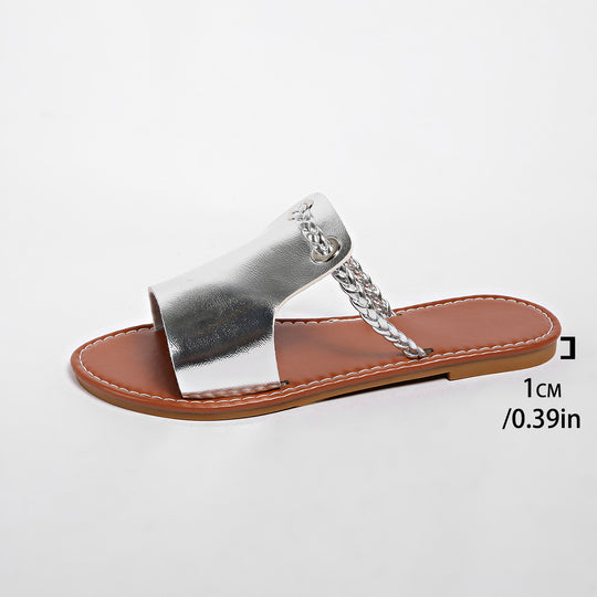Damen Flache Sandalen mit geflochtenem Riemen und glänzender Oberfläche EB