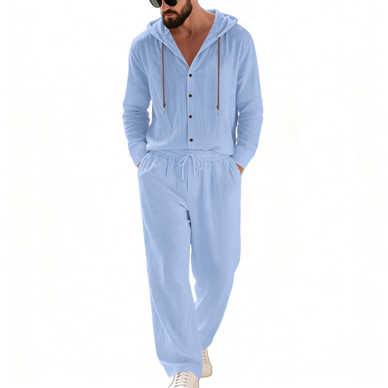 Herren nan legeres Kapuzen-Lounge-Set mit Knopfleiste, Kordelbundhose und seitlichen Eingrifftaschen EB