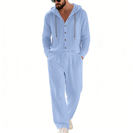Herren nan legeres Kapuzen-Lounge-Set mit Knopfleiste, Kordelbundhose und seitlichen Eingrifftaschen EB