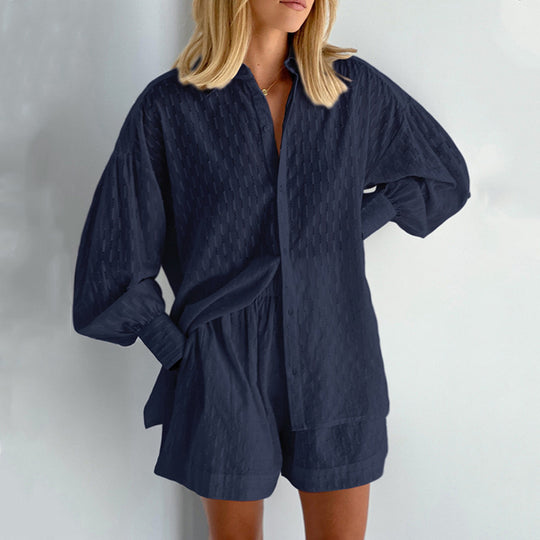 Damen lässiges Hemd-Shorts-Set mit elegantem Webmuster EB