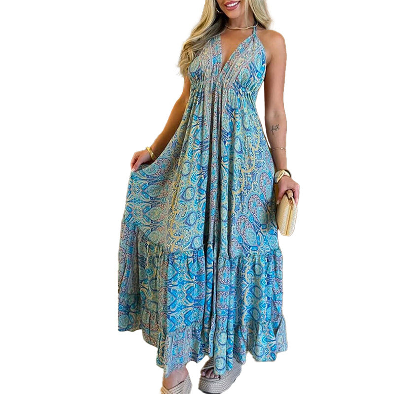 Damen Maxikleid Im Verspielten Boho-Stil mit Tiefem V-Ausschnitt und Schwingendem Rock EB