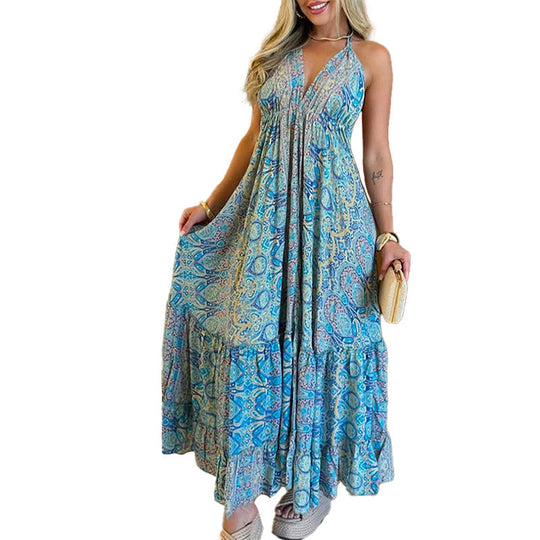 Damen Maxikleid Im Verspielten Boho-Stil mit Tiefem V-Ausschnitt und Schwingendem Rock EB