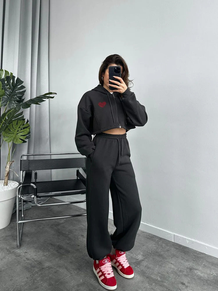 Damen Cropped Kapuzenpullover und hohe Taille Wide-Leg Jogginghose Set EB