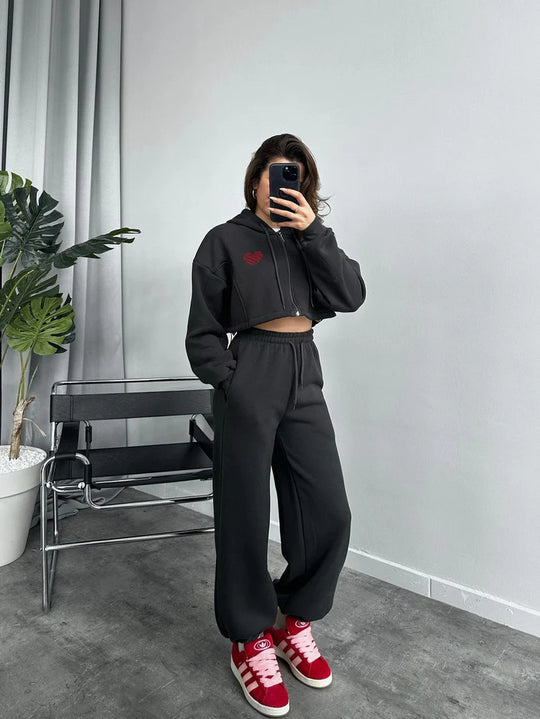 Damen Cropped Kapuzenpullover und hohe Taille Wide-Leg Jogginghose Set EB