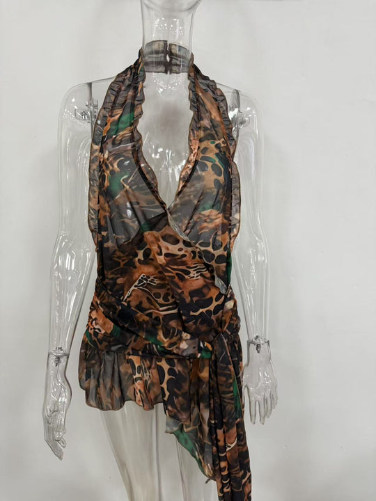 Damen raffiniertes Wickeltop mit tierischem Muster und Volant-Details EB