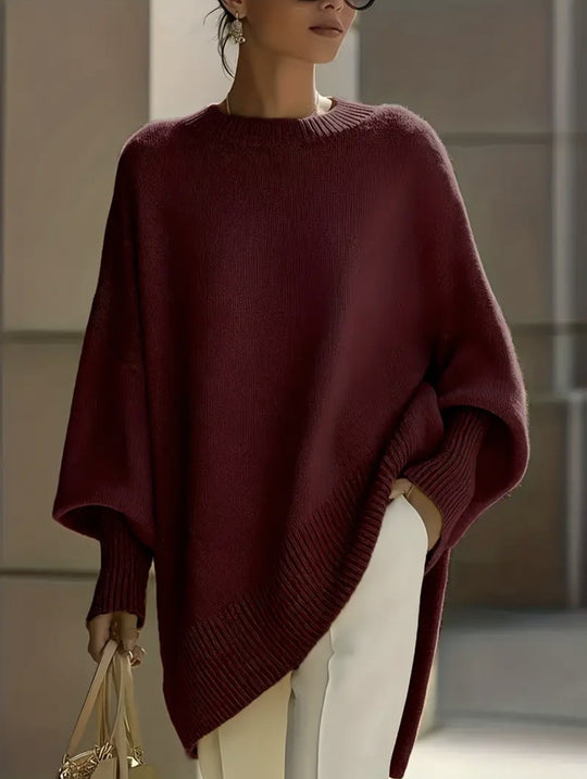 Damen nan Oversize Strickponcho mit asymmetrischem Saum und gerippten Ärmeln EB