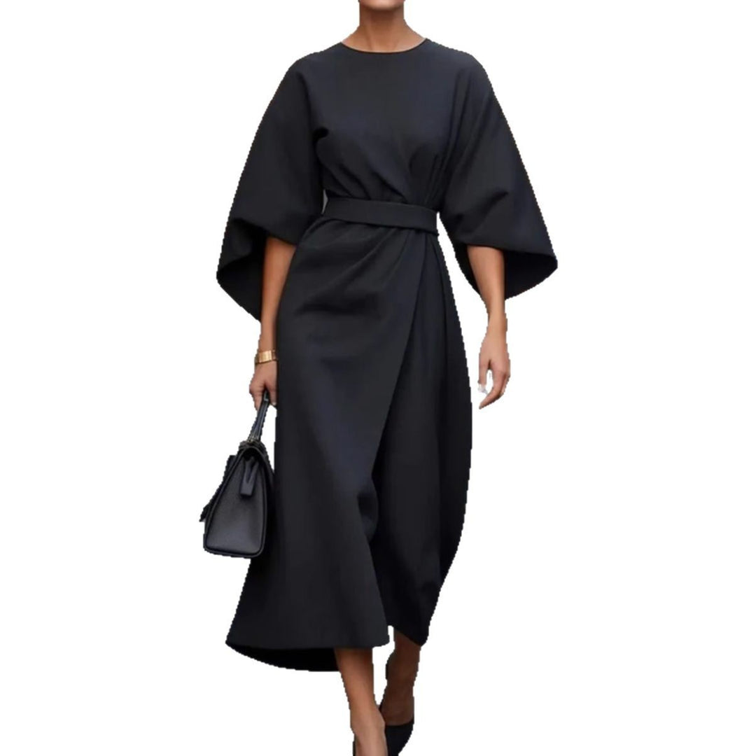 Damen Maxikleid mit eleganten Ballonärmeln und Taillengürtel EB