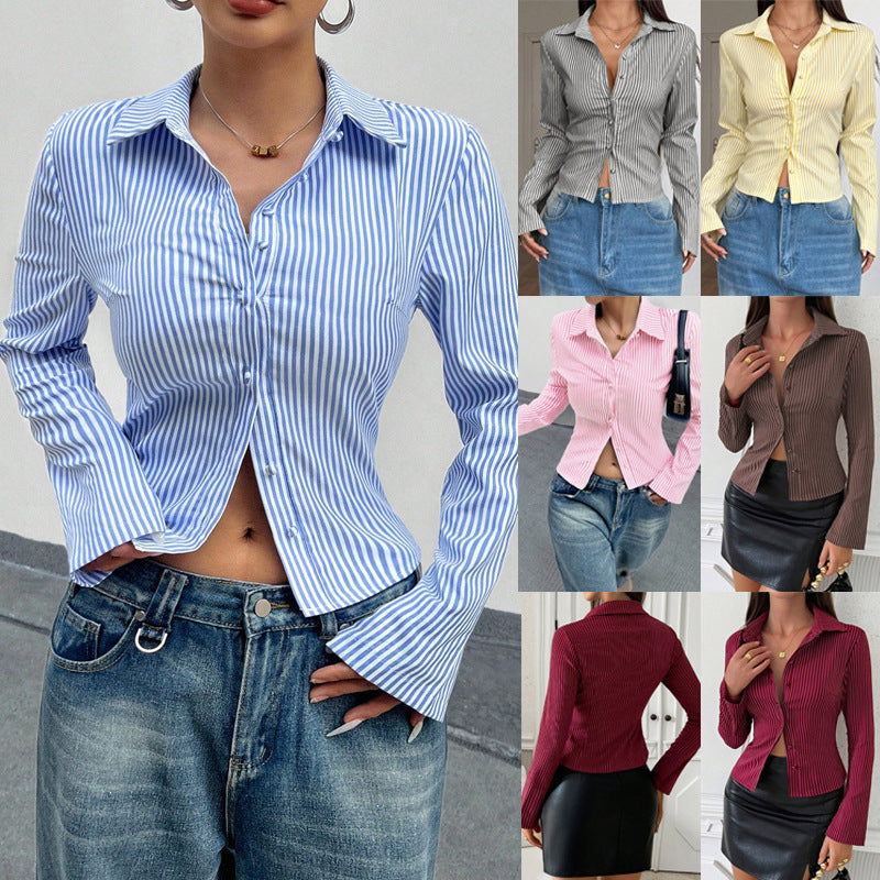 Damen Elegante Bluse mit schmalen Streifen und tailliertem Schnitt EB