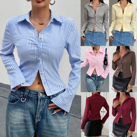 Damen Elegante Bluse mit schmalen Streifen und tailliertem Schnitt EB