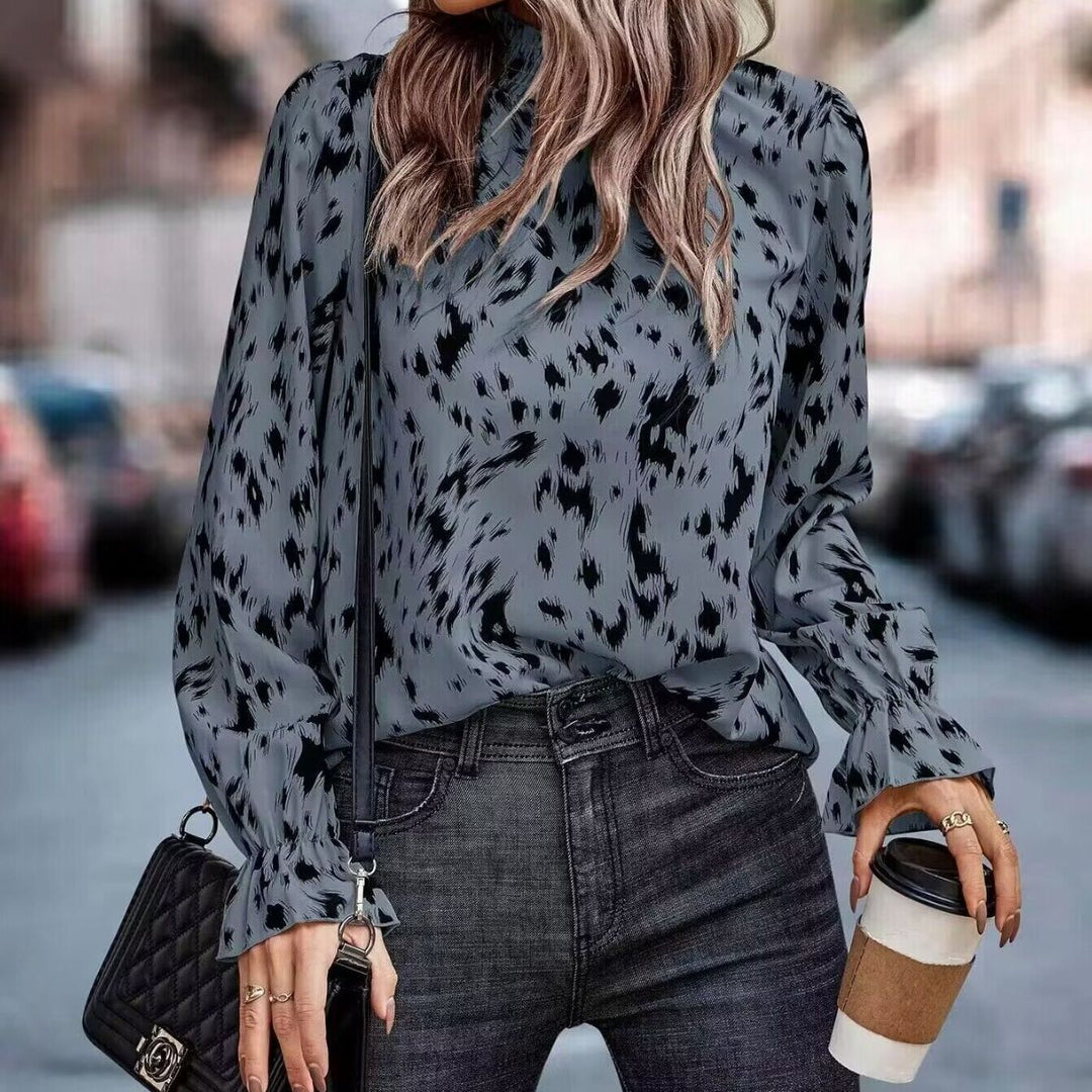 Damen elegante Bluse mit Rüschenabschluss und asymmetrischem Muster EB