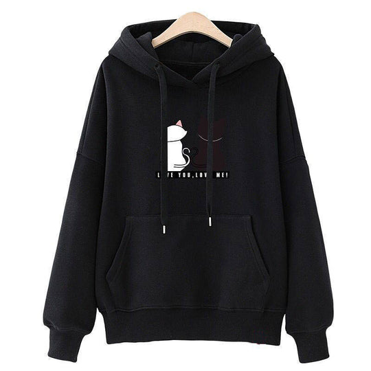 Damen Kapuzenpullover mit Katzen-Print, lockerem Schnitt und Kängurutasche EB