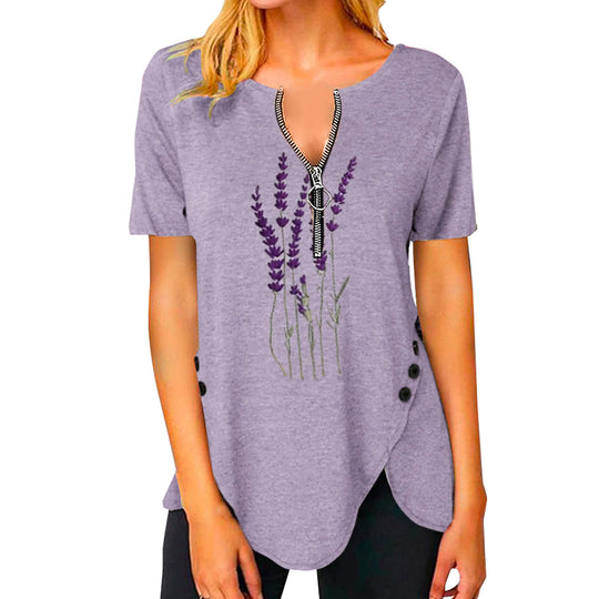 Damen T-Shirt mit halbgeschlossenem Reißverschluss und floralem Muster EB