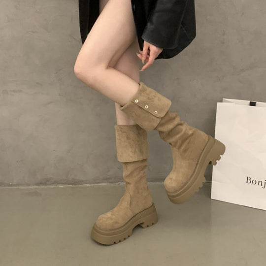 Damen Elegante Overknee-Stiefel mit modischem Riemen und Knopfdetails EB