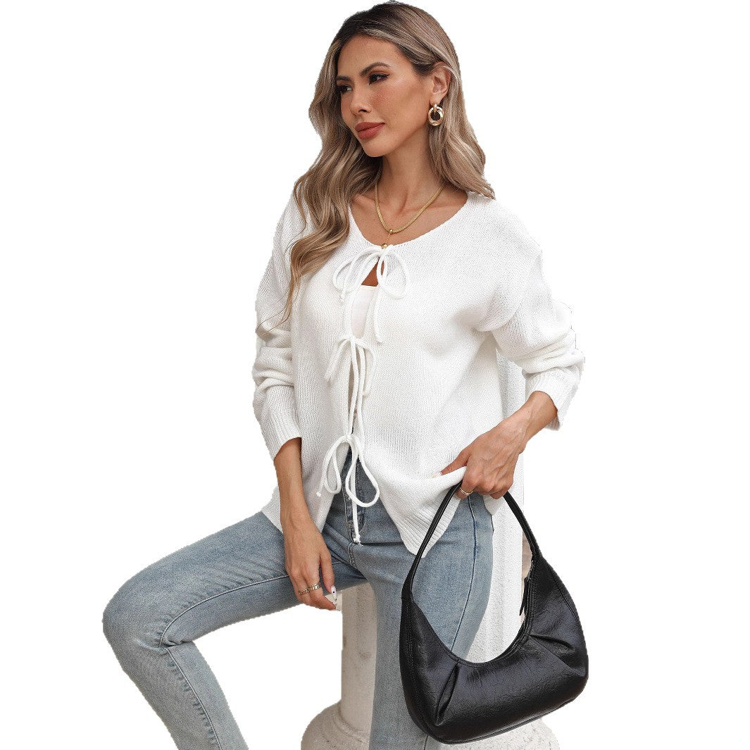 Damen lockere Strickjacke mit Tunnelzug EB