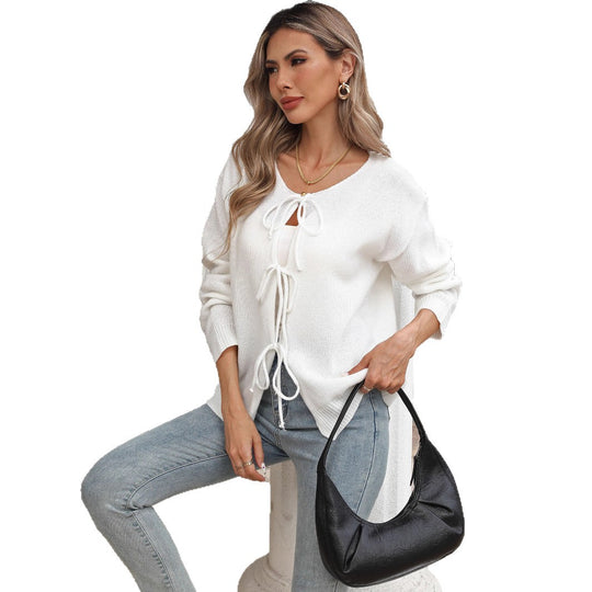 Damen lockere Strickjacke mit Tunnelzug EB