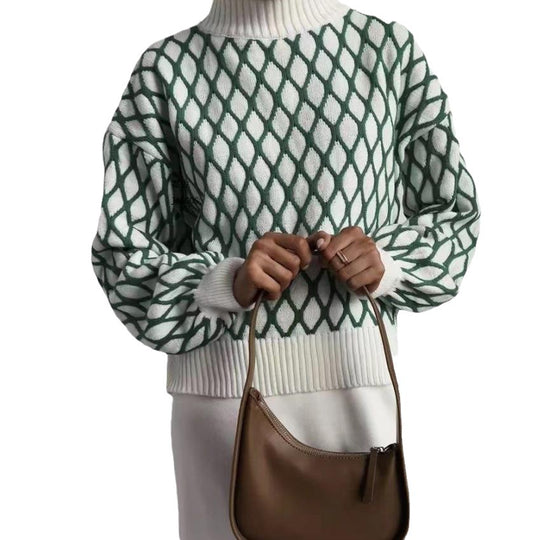 Damen Oversize Strickpullover mit Rautenmuster und Stehkragen EB
