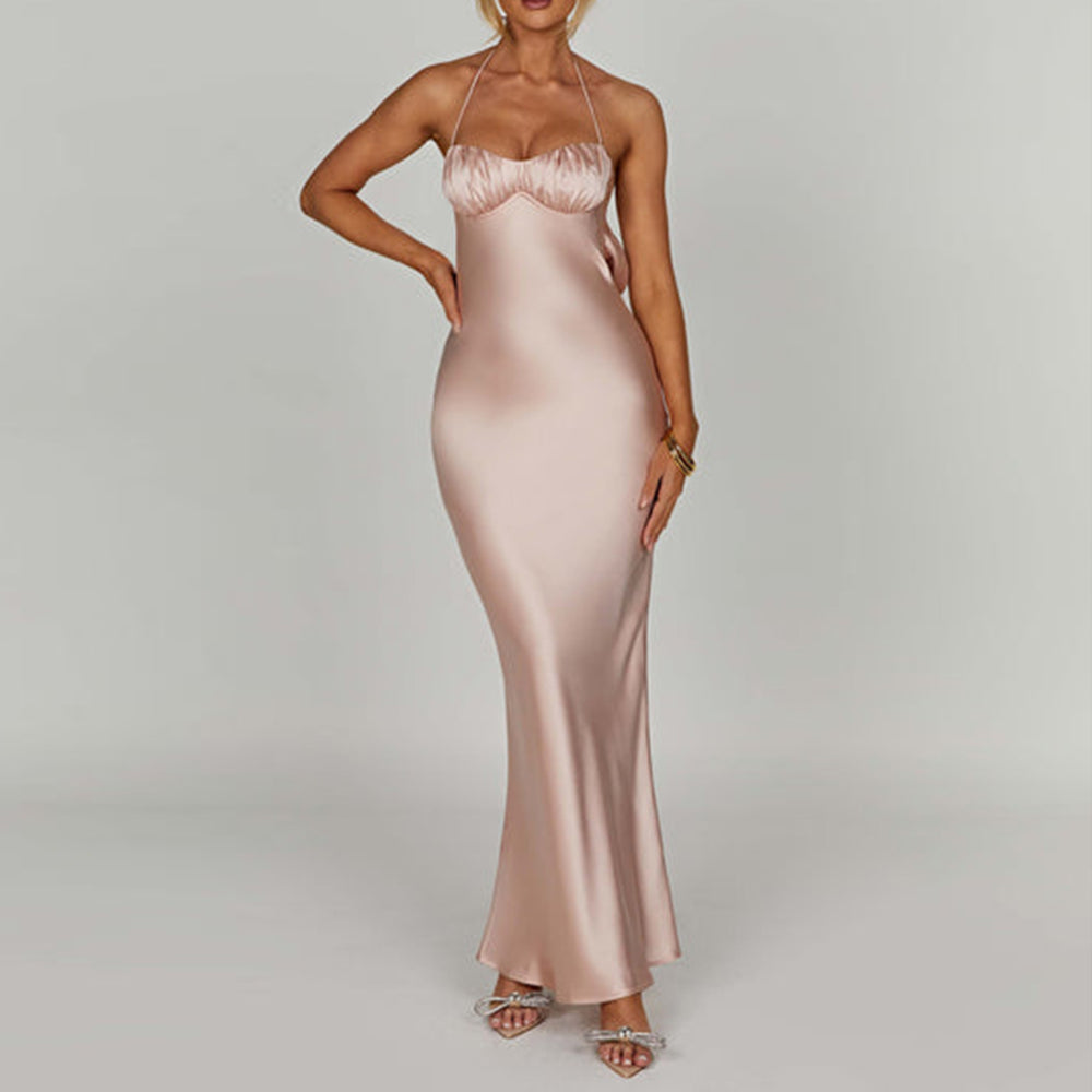 Damen elegantes Satin-Abendkleid mit dünnen Trägern EB
