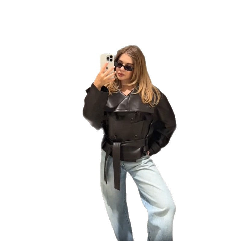 Damen Modische Cropped jacke mit doppelter Knopfleiste und breitem Kragen EB
