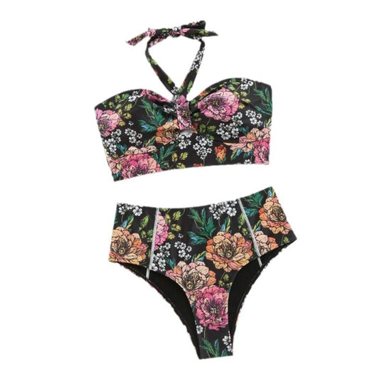 Damen Bikini-Set mit floralem Design und hoch geschnittenem Höschen EB