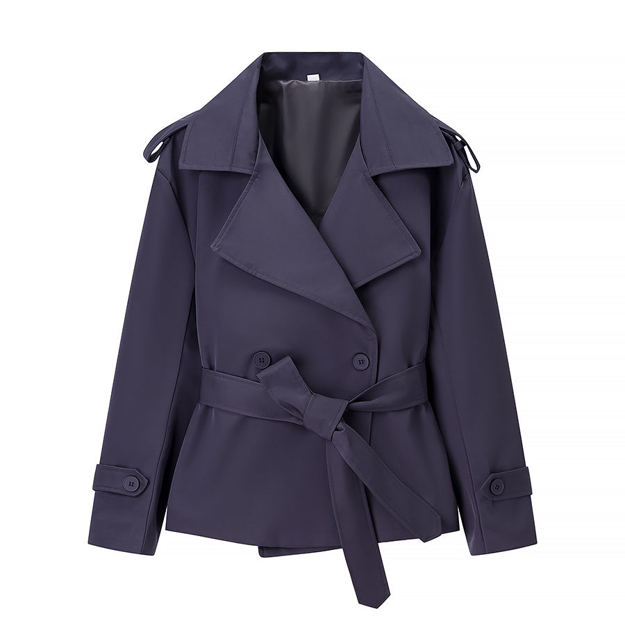 Damen nan kurze Trenchcoat Jacke mit Taillengürtel breitem Revers und dekorativen Schulterklappen EB