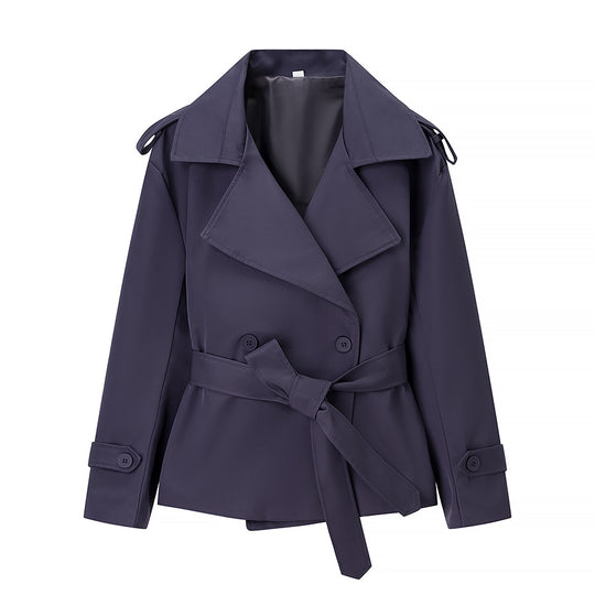 Damen nan kurze Trenchcoat Jacke mit Taillengürtel breitem Revers und dekorativen Schulterklappen EB