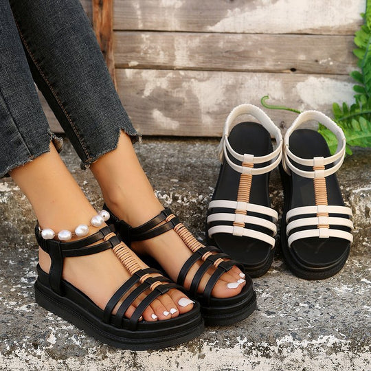 Damen trendige Plateau-Sandalen mit dekorativem Ketten-Detail und komfortabler Sohle EB