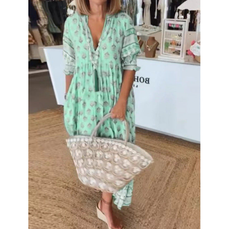 Damen Boho-Stil Kleid mit geflochtener Schnürung und handgefertigten Details EB