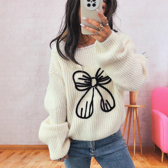 Damen Grobstrickpullover mit verspieltem Schleifenmotiv EB