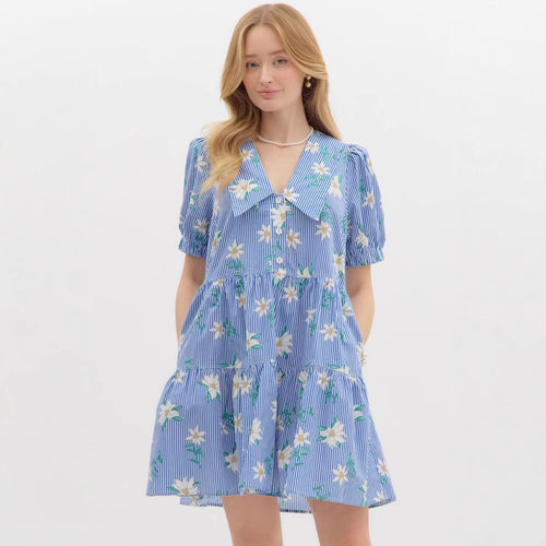 Damen Blumen Kleid mit gestreiftem Design und Knopfleiste EB
