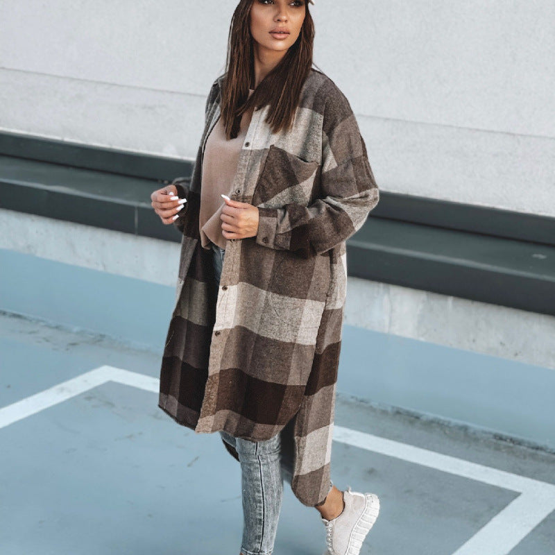 Damen Langer Karo-Wintermantel mit knöpfbarem Design und lockerer Passform EB