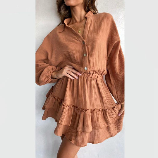 Damen Mini-Hemdblusenkleid mit aufregendem Rüschensaum und elastischem Taillenzug Heidi-Mode