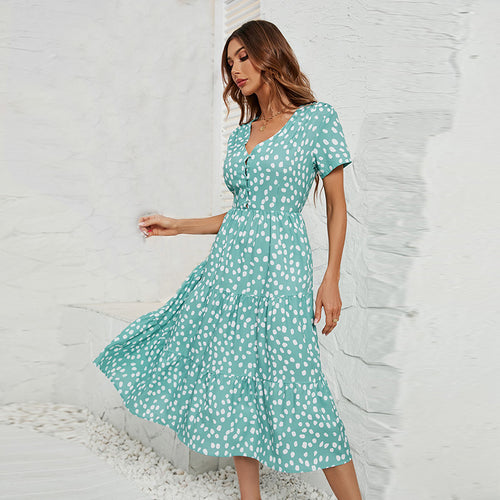 Damen Midi-Kleid mit knopflosem V-Ausschnitt und voluminösem Rock EB