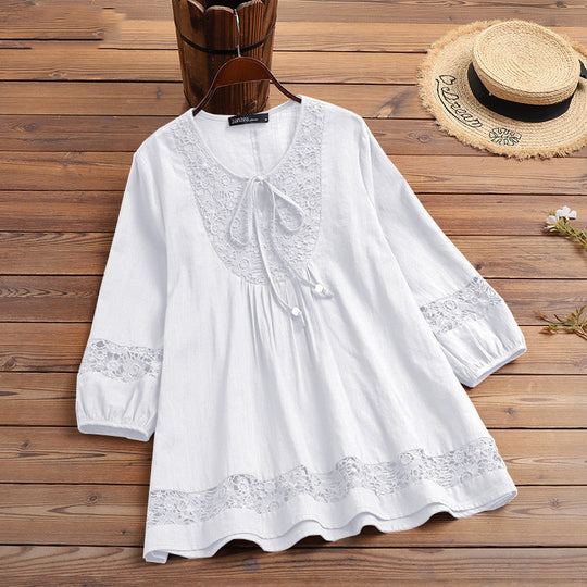 Damen Lässige Tunika-Bluse mit Häkelspitze, Bindekragen und dreiviertel Ärmeln EB