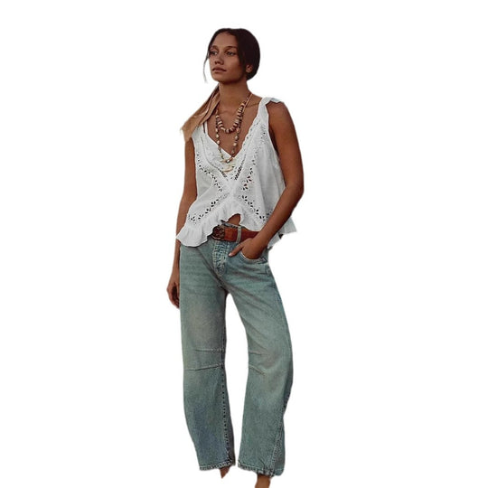 Damen luftiger Leinen-Crop-Top mit Rüschen EB