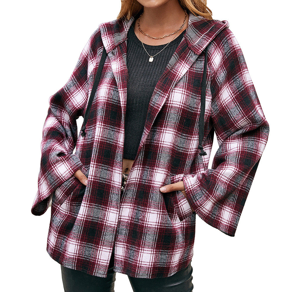Damen Karo Overshirtjacke im lässigen Stil mit Kapuze und weiten Ärmeln EB