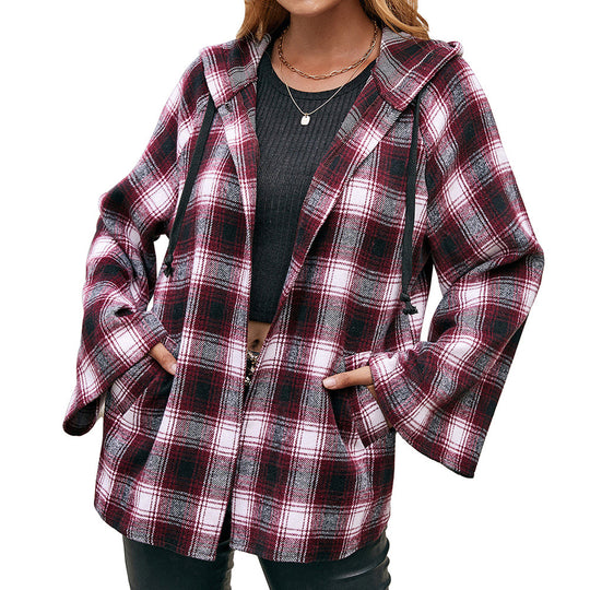 Damen Karo Overshirtjacke im lässigen Stil mit Kapuze und weiten Ärmeln EB