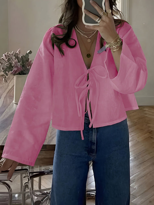 Damen cropped Bluse mit Bindeband und lockerer Passform EB
