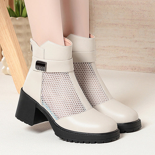 Damen Stylische Stiefeletten mit Netzdesign und robustem Blockabsatz EB
