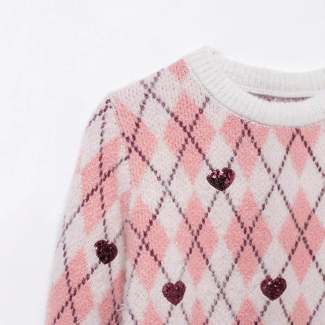 Damen Pullover mit herzförmigem Pattern und Glitzerelementen EB
