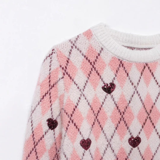 Damen Pullover mit herzförmigem Pattern und Glitzerelementen EB