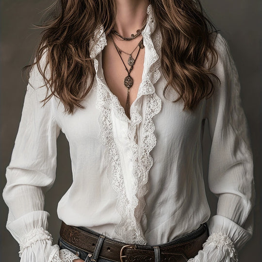 Damen elegante Bluse mit Rüschendetails und Spitzenbesatz EB