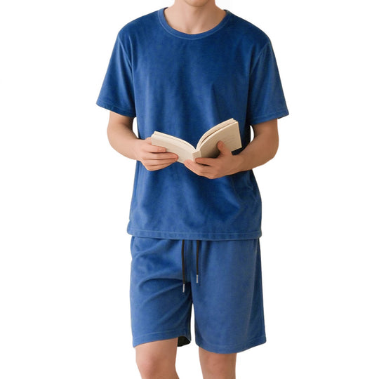 Herren nan Samtvelours Lounge-Set mit Rundhals-Kurzarmshirt und Kordelshorts EB