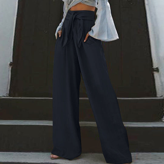 Damen nan weite High-Waist Leinenhose mit Bindegürtel und Eingrifftaschen EB