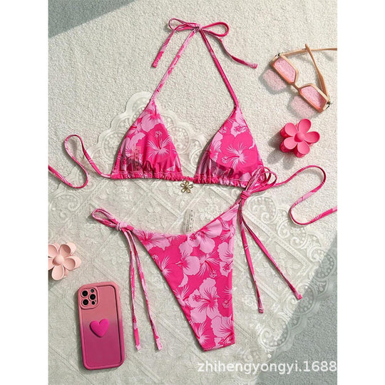 Damen Triangel-Bikini mit floralen Mustern und feinen Bindebändern EB