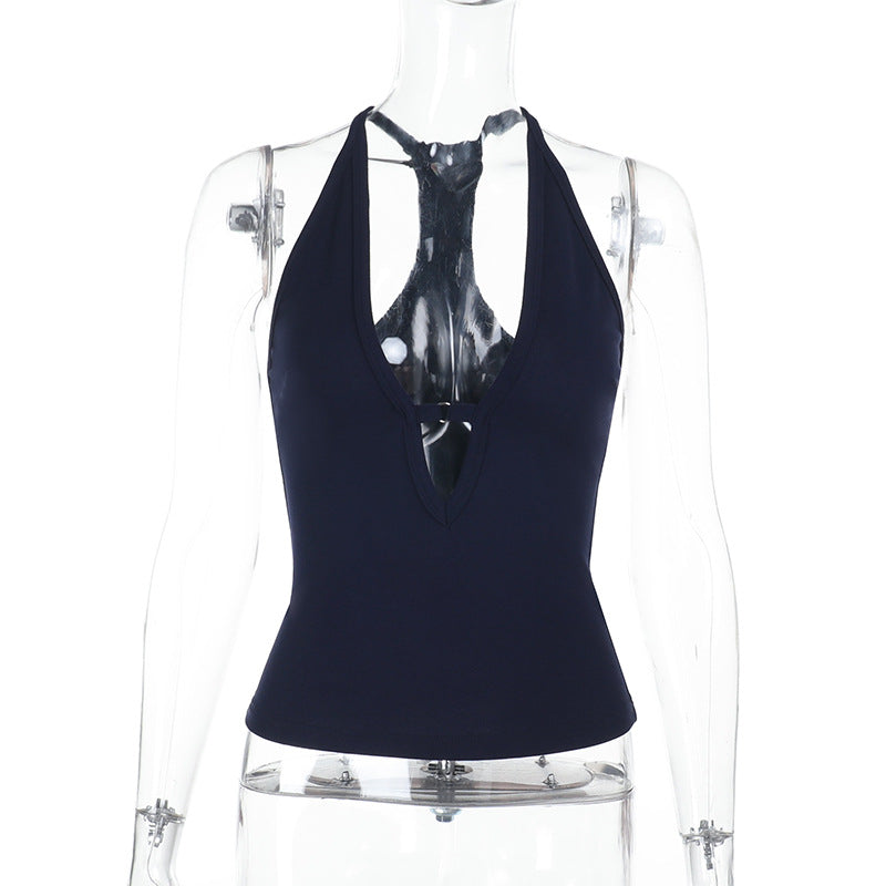 Damen sportliches Crop-Top mit tiefem V-Ausschnitt und elastischem Saum EB