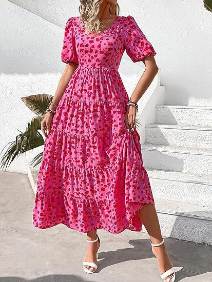 Damen Maxikleid mit Puffärmeln und Rüschendetails EB