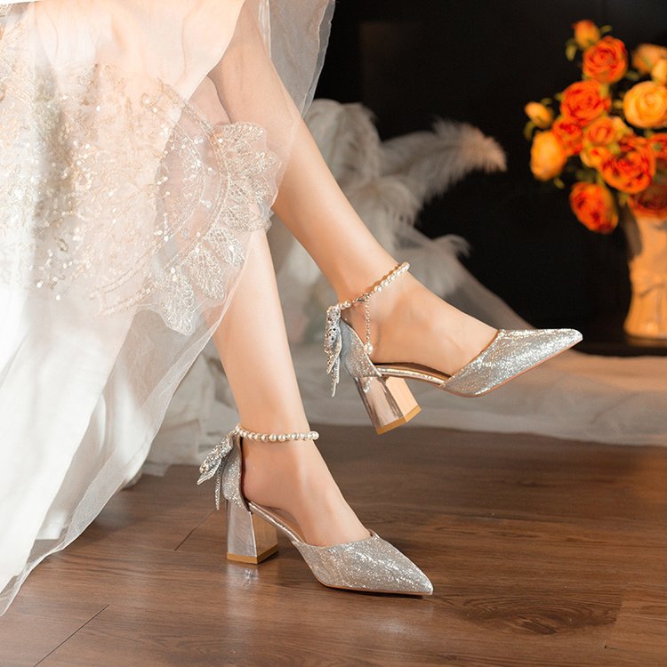 Damen elegante Glitzer-Pumps mit verzierten Fesselriemen EB