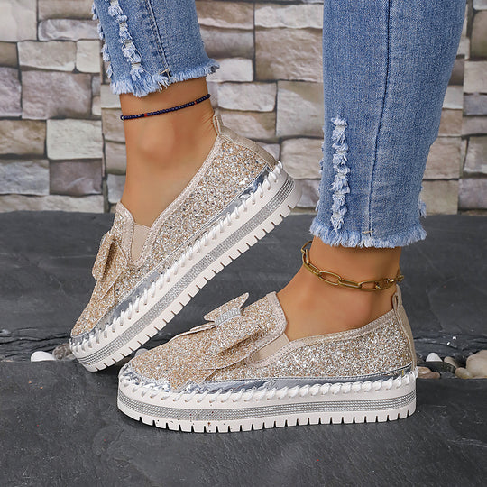 Damen modische Slip-On Sneakers mit glitzerndem Design und auffälliger Schleifenapplikation EB