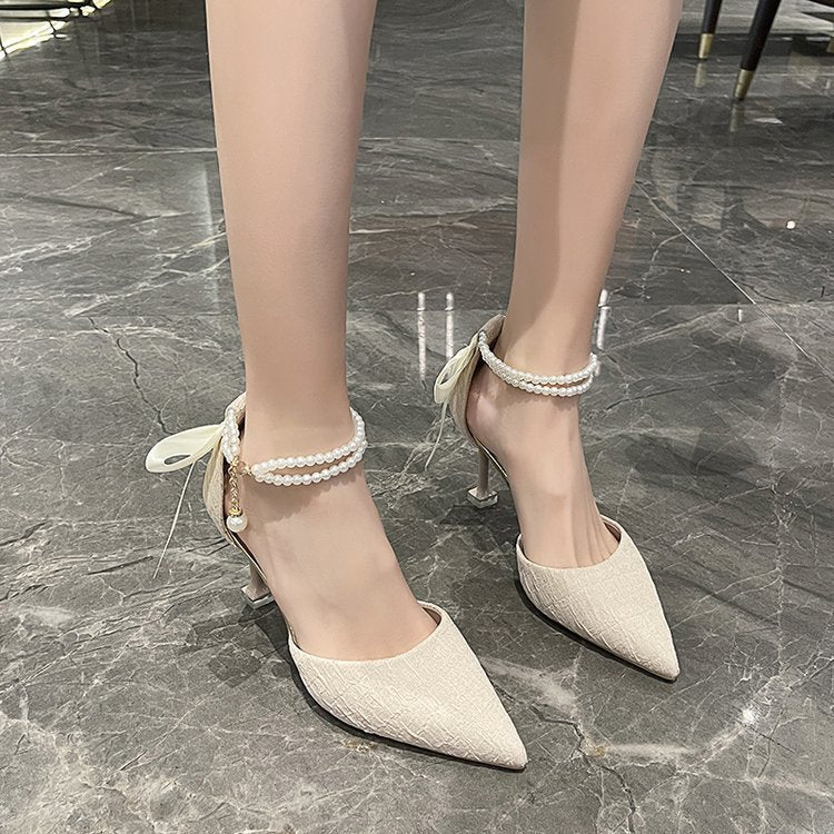 Damen schicke High Heels mit transparentem Riemen und zierlichem Perlenakzent EB